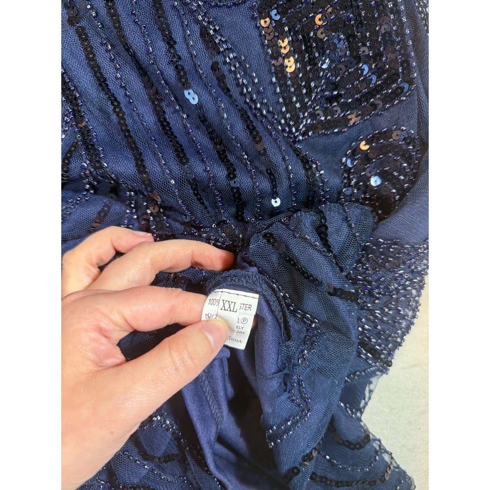 Kaymiga Women's Navy Blue Beaded Sequin Flapper Dress V-Neck Sleeveless - Picture 3 of 6